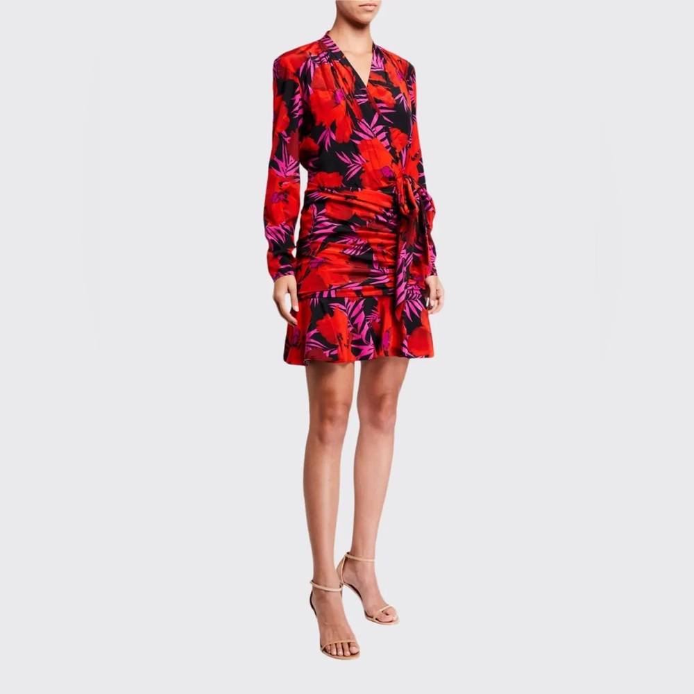 Veronica Beard Lorina Silk Floral Poppy Tie-Front Mini Dress